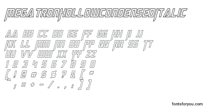 Schriftart MegatronHollowCondensedItalic – Alphabet, Zahlen, spezielle Symbole