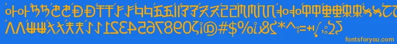 フォントRexRevol – オレンジ色の文字が青い背景にあります。