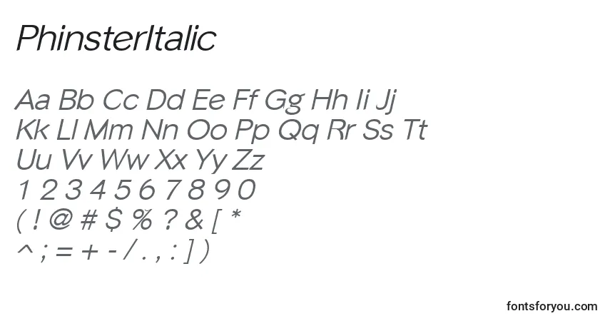 Шрифт PhinsterItalic – алфавит, цифры, специальные символы