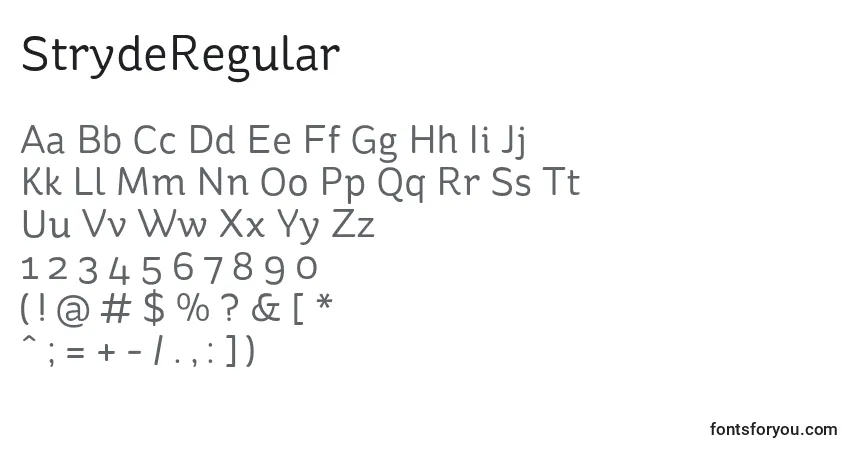 A fonte StrydeRegular – alfabeto, números, caracteres especiais