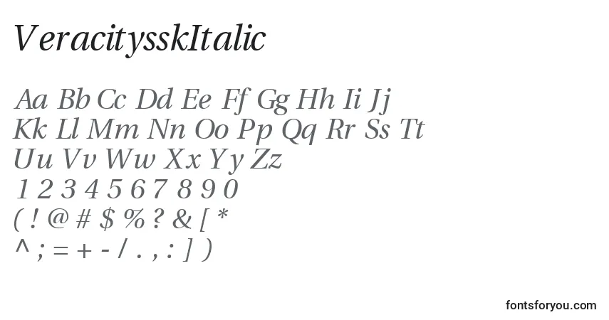 Czcionka VeracitysskItalic – alfabet, cyfry, specjalne znaki