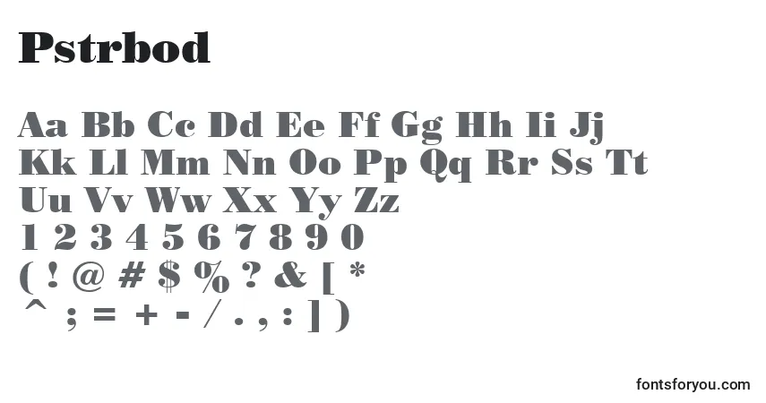 Czcionka Pstrbod – alfabet, cyfry, specjalne znaki