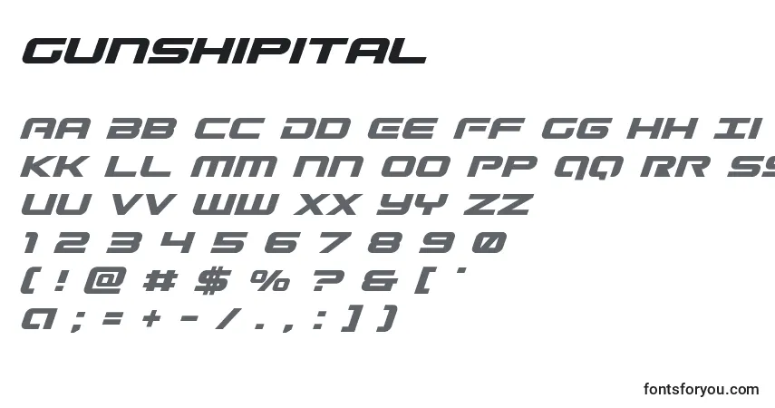 Schriftart Gunshipital – Alphabet, Zahlen, spezielle Symbole