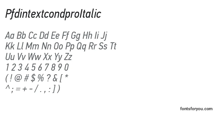 Czcionka PfdintextcondproItalic – alfabet, cyfry, specjalne znaki