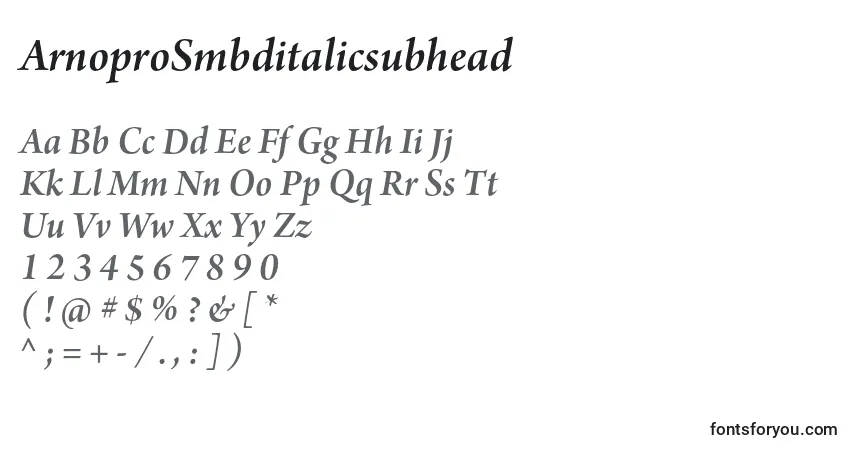 Czcionka ArnoproSmbditalicsubhead – alfabet, cyfry, specjalne znaki