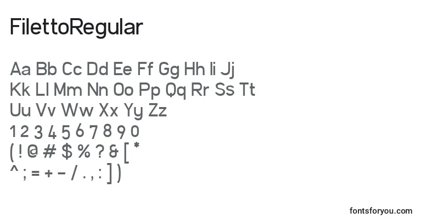 Czcionka FilettoRegular – alfabet, cyfry, specjalne znaki
