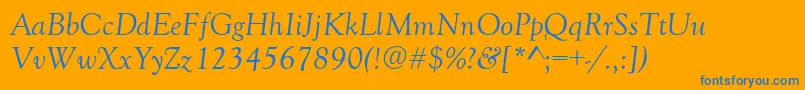 GoudyRetrospectiveSsiItalic-Schriftart – Blaue Schriften auf orangefarbenem Hintergrund