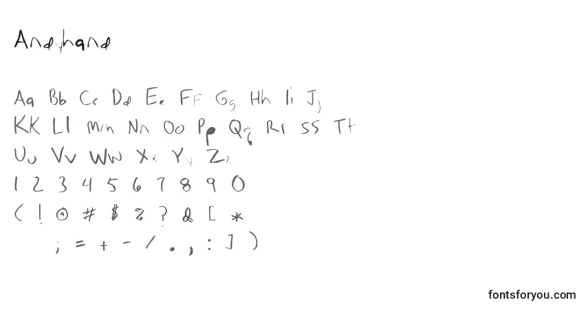 Schriftart Andyhand – Alphabet, Zahlen, spezielle Symbole