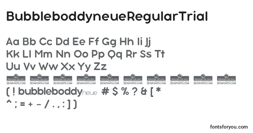 Czcionka BubbleboddyneueRegularTrial – alfabet, cyfry, specjalne znaki