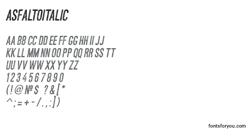 Шрифт AsfaltoItalic – алфавит, цифры, специальные символы