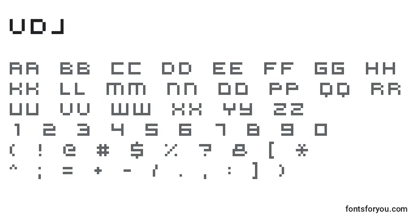 A fonte Vdj – alfabeto, números, caracteres especiais