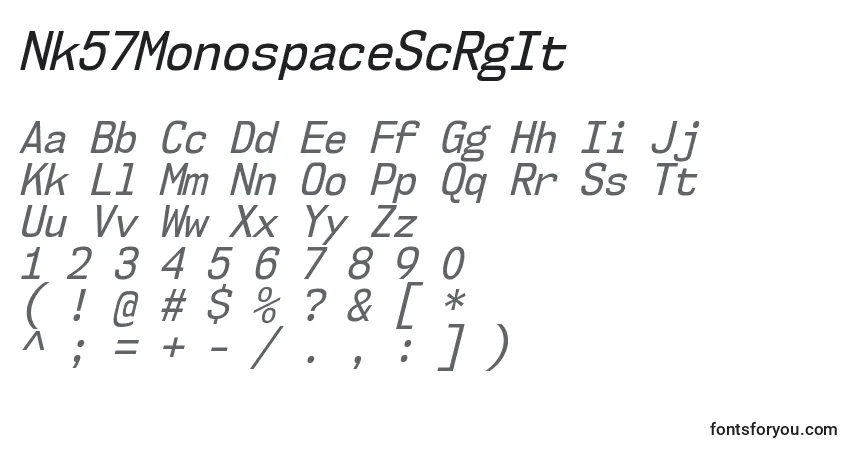 Czcionka Nk57MonospaceScRgIt – alfabet, cyfry, specjalne znaki