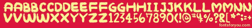 Mukokusekikitchen-Schriftart – Gelbe Schriften auf rotem Hintergrund