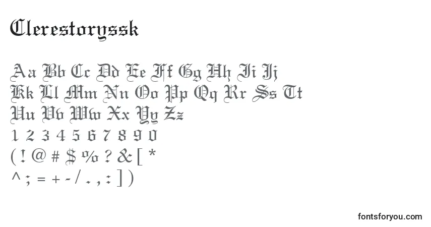 Czcionka Clerestoryssk – alfabet, cyfry, specjalne znaki