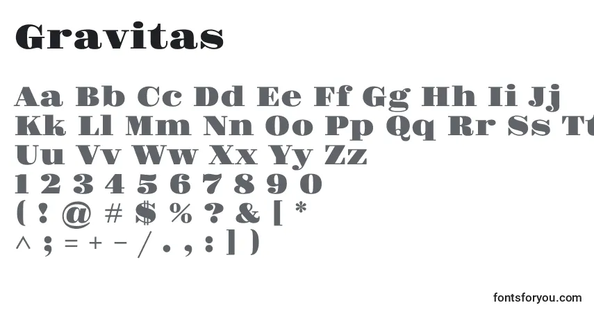 Czcionka Gravitas – alfabet, cyfry, specjalne znaki