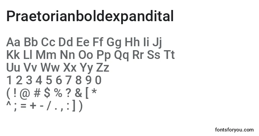 Шрифт Praetorianboldexpandital – алфавит, цифры, специальные символы