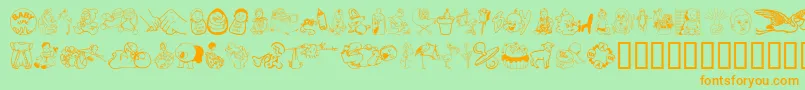 フォントBaby ffy – オレンジの文字が緑の背景にあります。