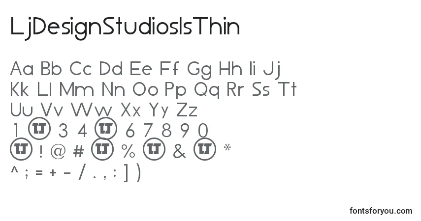 A fonte LjDesignStudiosIsThin – alfabeto, números, caracteres especiais
