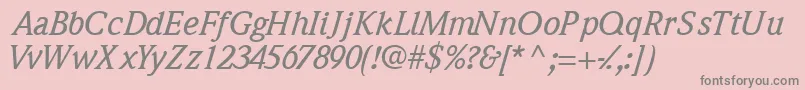 Weitere Informationen zur QuintessencemediumsskItalic-Schriftart QuintessencemediumsskItalic-Schriftart – Graue Schriften auf rosa Hintergrund