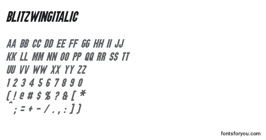 Шрифт BlitzwingItalic – алфавит, цифры, специальные символы