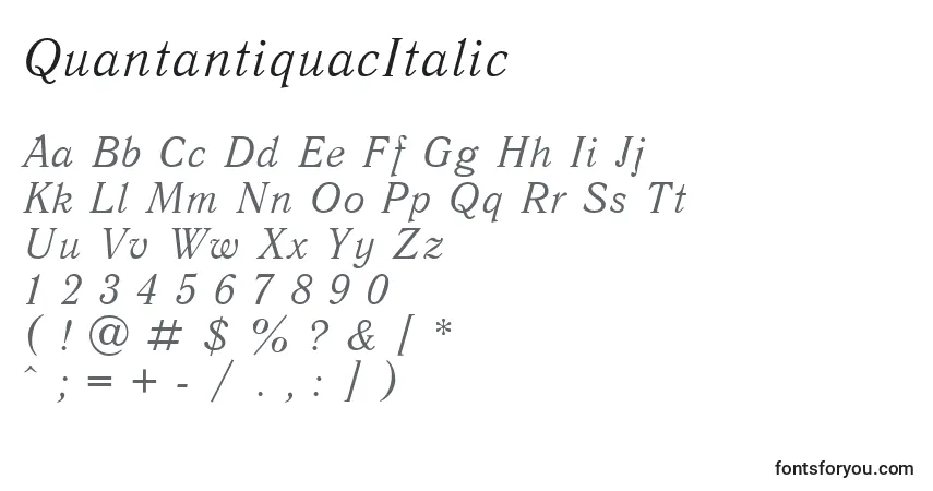 Czcionka QuantantiquacItalic – alfabet, cyfry, specjalne znaki