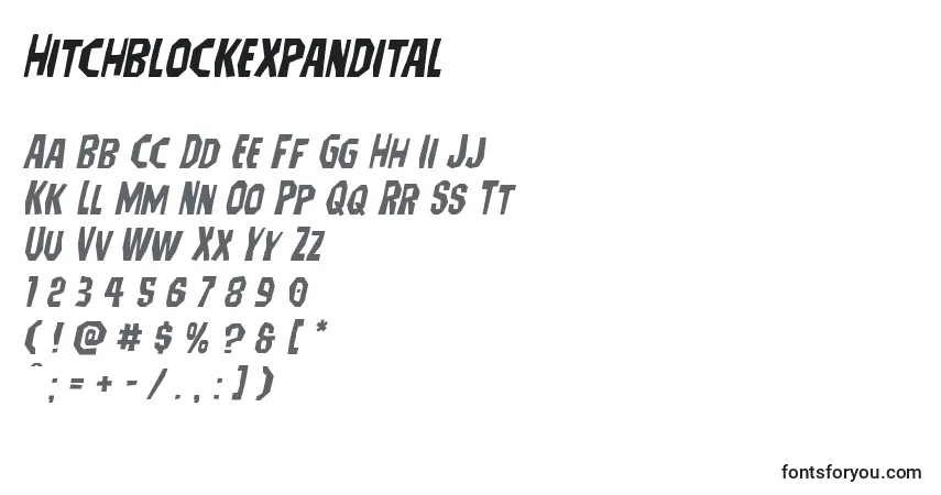 Czcionka Hitchblockexpandital – alfabet, cyfry, specjalne znaki