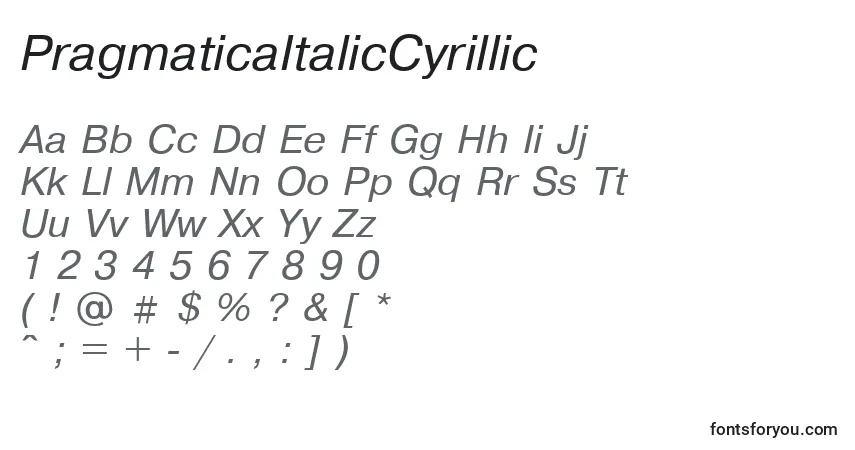 Schriftart PragmaticaItalicCyrillic – Alphabet, Zahlen, spezielle Symbole