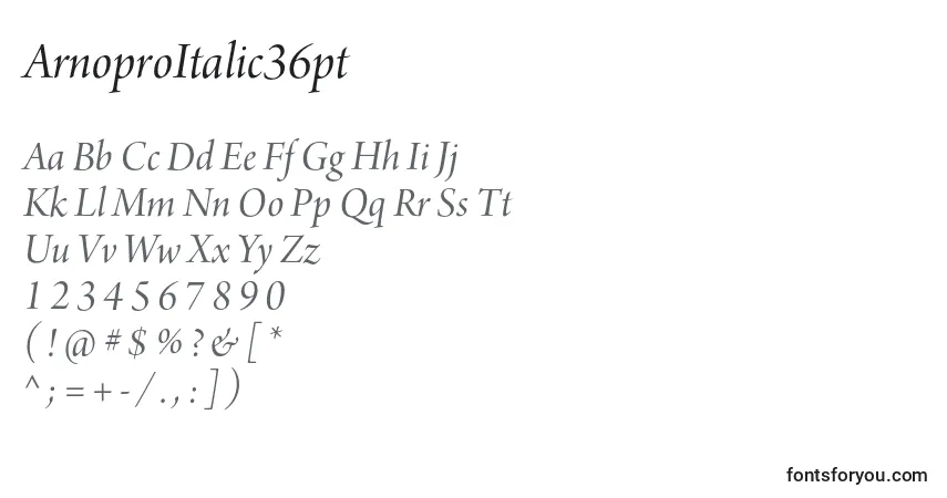 ArnoproItalic36pt-fontti – aakkoset, numerot, erikoismerkit