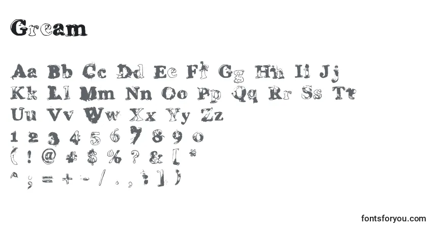 Czcionka Gream – alfabet, cyfry, specjalne znaki