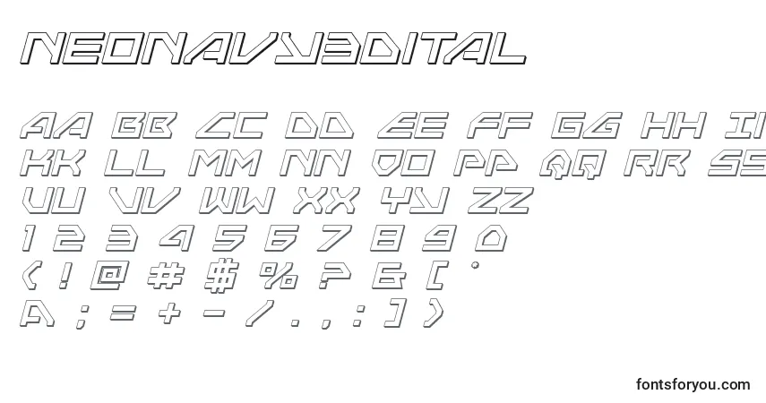 Czcionka Neonavy3Dital – alfabet, cyfry, specjalne znaki