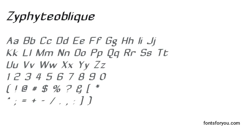 Czcionka Zyphyteoblique – alfabet, cyfry, specjalne znaki