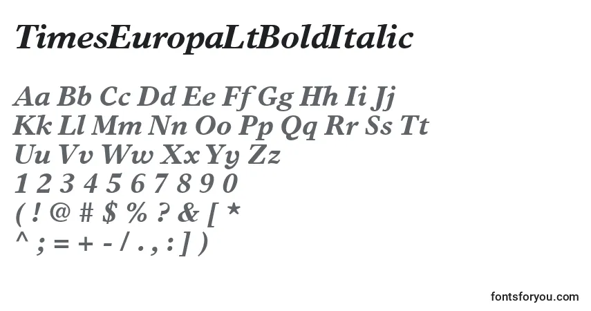 Czcionka TimesEuropaLtBoldItalic – alfabet, cyfry, specjalne znaki