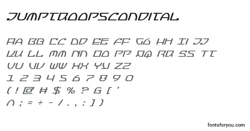 A fonte Jumptroopscondital – alfabeto, números, caracteres especiais