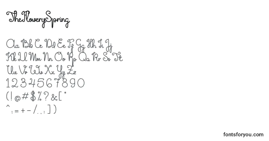 A fonte TheFlowerySpring – alfabeto, números, caracteres especiais