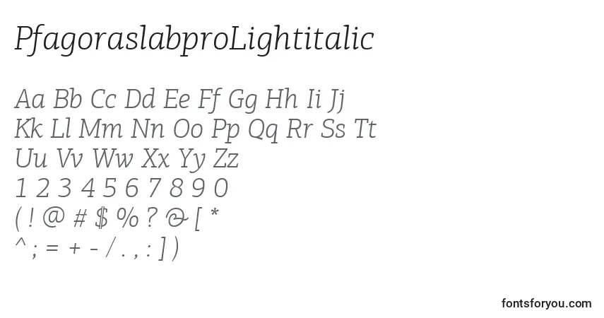 A fonte PfagoraslabproLightitalic – alfabeto, números, caracteres especiais