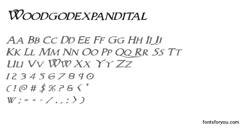 A fonte Woodgodexpandital – alfabeto, números, caracteres especiais