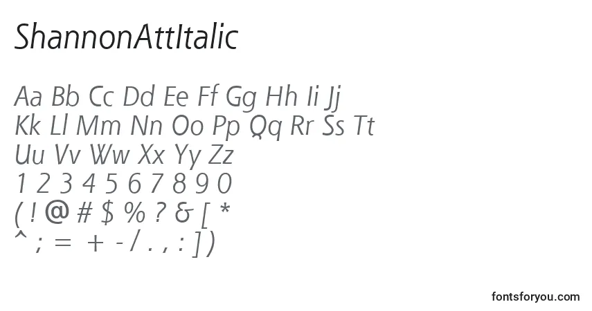 Czcionka ShannonAttItalic – alfabet, cyfry, specjalne znaki