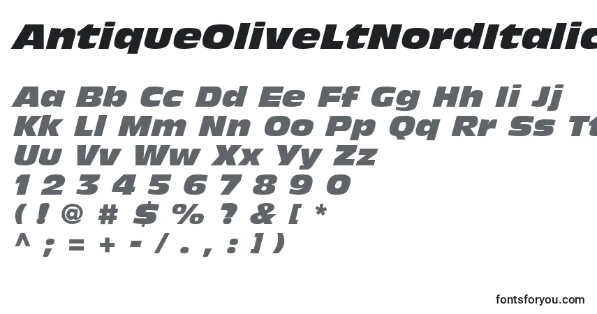 A fonte AntiqueOliveLtNordItalic – alfabeto, números, caracteres especiais