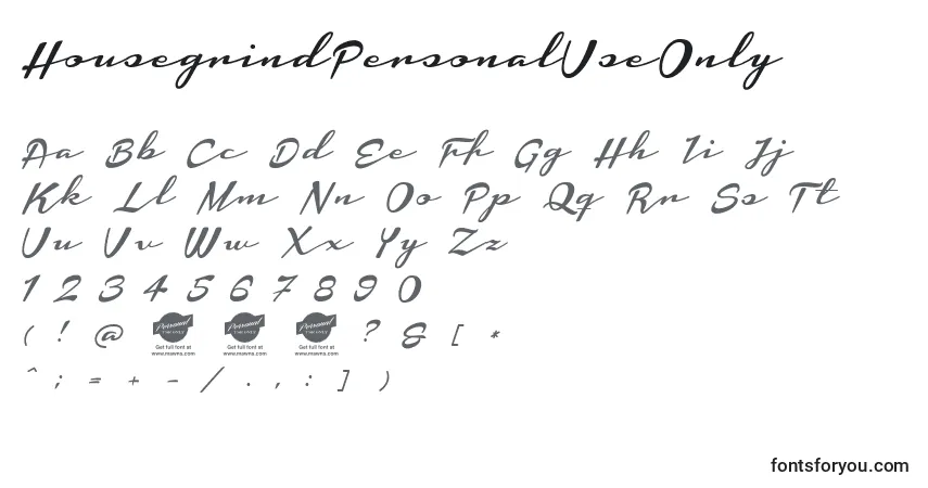 Czcionka HousegrindPersonalUseOnly – alfabet, cyfry, specjalne znaki