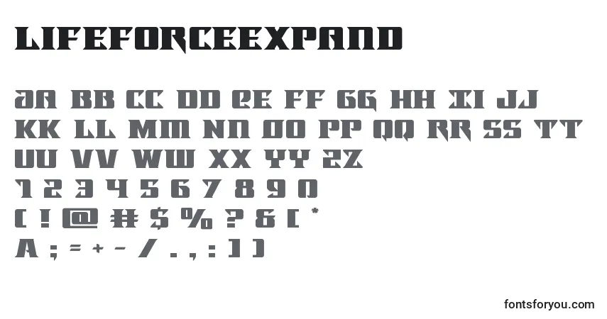 A fonte Lifeforceexpand – alfabeto, números, caracteres especiais