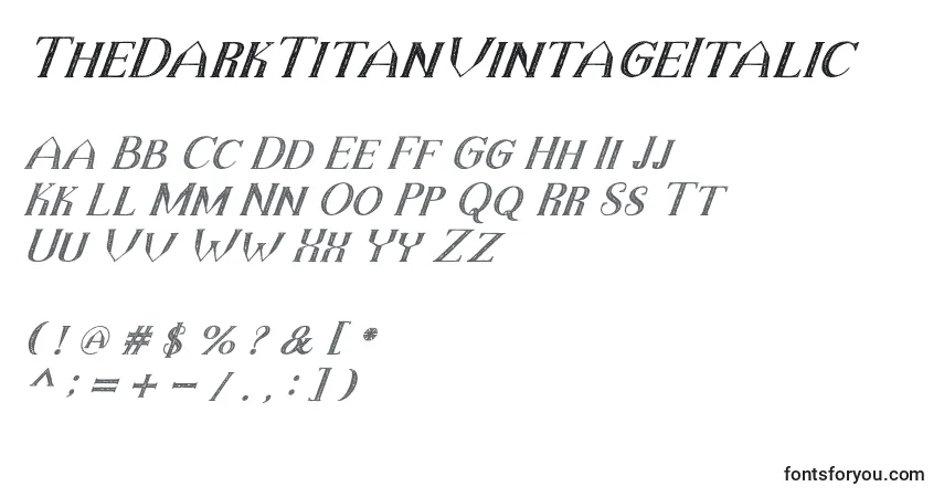 A fonte TheDarkTitanVintageItalic – alfabeto, números, caracteres especiais
