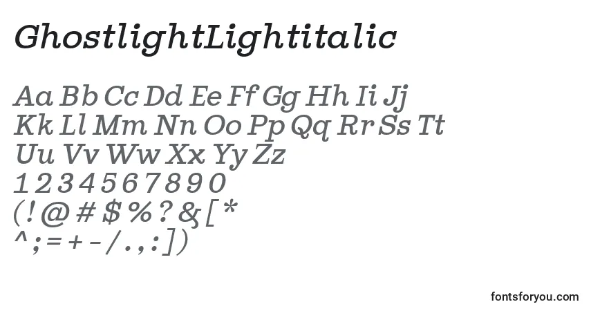 Шрифт GhostlightLightitalic – алфавит, цифры, специальные символы