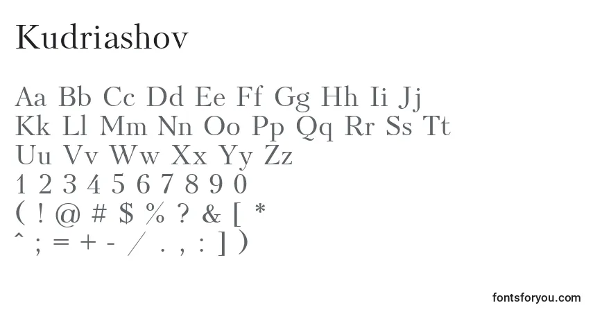 Czcionka Kudriashov – alfabet, cyfry, specjalne znaki