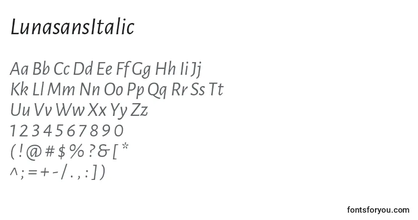 LunasansItalic-fontti – aakkoset, numerot, erikoismerkit