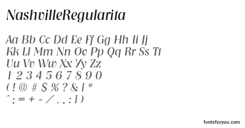 Czcionka NashvilleRegularita – alfabet, cyfry, specjalne znaki