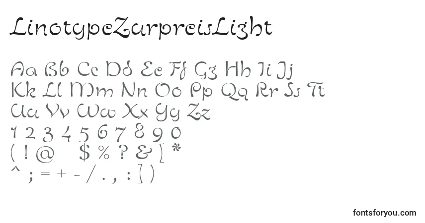 Czcionka LinotypeZurpreisLight – alfabet, cyfry, specjalne znaki