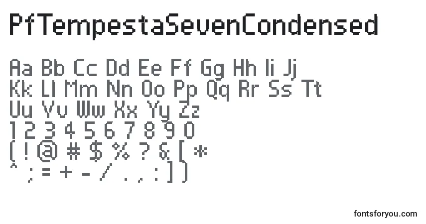 Czcionka PfTempestaSevenCondensed – alfabet, cyfry, specjalne znaki