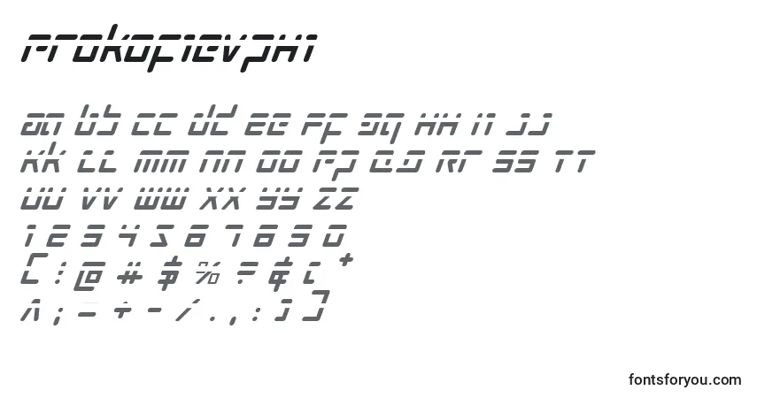 A fonte Prokofievphi – alfabeto, números, caracteres especiais