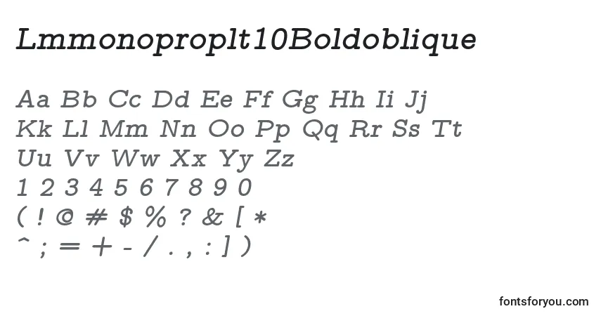 Czcionka Lmmonoproplt10Boldoblique – alfabet, cyfry, specjalne znaki
