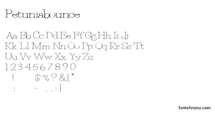 Czcionka Petuniabounce – alfabet, cyfry, specjalne znaki